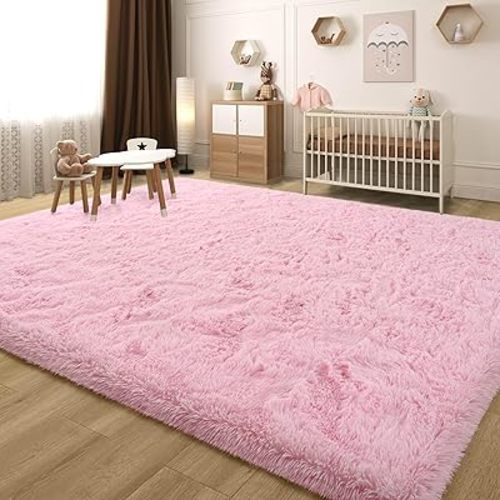 6x9 Pink Fluffy Rug for Girls Bedroom Soft Carpet, Large Cute Pink Fuzzy Shag Furry Area Rugs for Classroom Living Room Nursery Dorm Baby Kids Room Home Decor, Modern Indoor Non Slip Rug
