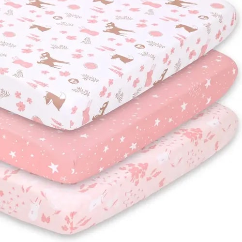 The Peanutshell Mini Crib Sheets Set for Girls, Pack & Play, Playard, Playpen, Mini Crib, 3 Pack, Pink Woodland Floral