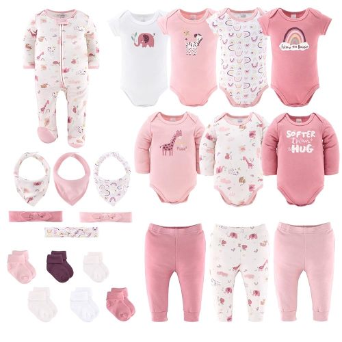 The Peanutshell Baby Layette Gift Set for Girls - 23 Piece Newborn Girl Gift Sets, Baby Clothes & Essentials - Rainbow Safari
