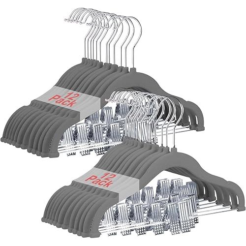 Baby Clothes Hangers with Clips, 24 Packs Kids Velvet Clothes Hangers, Heavy-Duty Childrens Hangers, Storage Organizer Clothing Hangers for Shirts, Pants, Skirts, Dresses, Jackets, Coat Gray