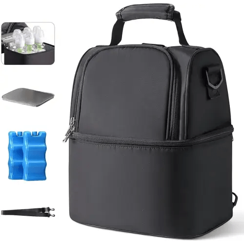NCVI Breastmilk Cooler Bag with 2 Ice Pack, Breast Pump Bag with Cooler Fits 6 Bottles, Double Layer Breast Milk Baby Bottle Cooler Bag, for Travel, Nursing Mom Daycare, Work, Picnic (Black)
