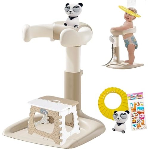 Baby Shower Stand with Support, 2-in-1 Sitting & Standing Baby Bath Stand with Anti-Slip Base, 10 Levels Adjustable Height and Armrest with Seat for Toddlers, Ideal Gift for Infants 6-36 Months
