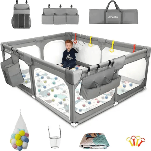 Baby Playpen Set(Grey 75"*59"), playpin for Babies and Toddlers, Extra Large Baby Fence Area with Anti-Slip Base,Playard Indoor & Outdoor with Playmat