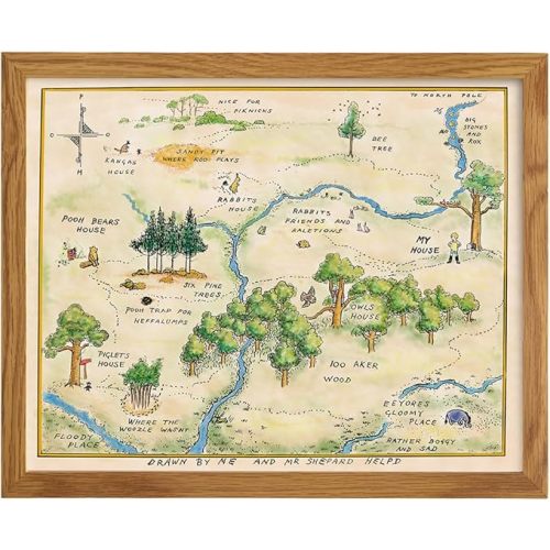 Winnie Pooh Nursery Decor FRAMED - LARGE 11X14 - Toddler Baby Room Wall Art - Little Boys Bedroom Decor - Baby Shower Decorations - Vintage Hundred Acre Wood - Kids Wall Art - Girls Room Decoration