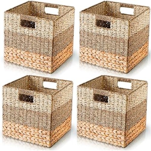 Wicker Storage Basket, Natural Wicker Cube Storage Bin, Hyacinth Cube Storage Baskets, Wicker Baskets, Rattan Woven Baskets, Cube Storage Baskets 11 x 11, Wicker Baskets for Organizing
