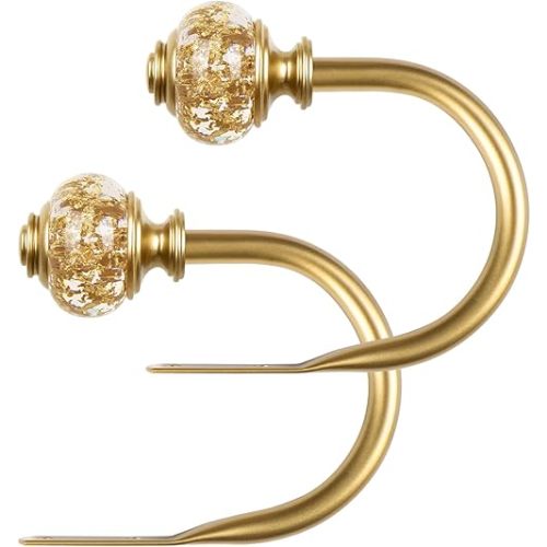 2 Pack Curtain Holdbacks, USFOOK Decorative Window Drapery Tiebacks (2 Pack/1 Pair), Curtain Tie Back Hooks for Wall with Gold Translucent Finials (4.3" L x 3.4" W)