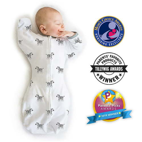 Amazing Baby - Transitional Swaddle Sack - Arms Up 1/2-Length Sleeves & Mitten Cuffs, Tiny Zebras, Soft Black