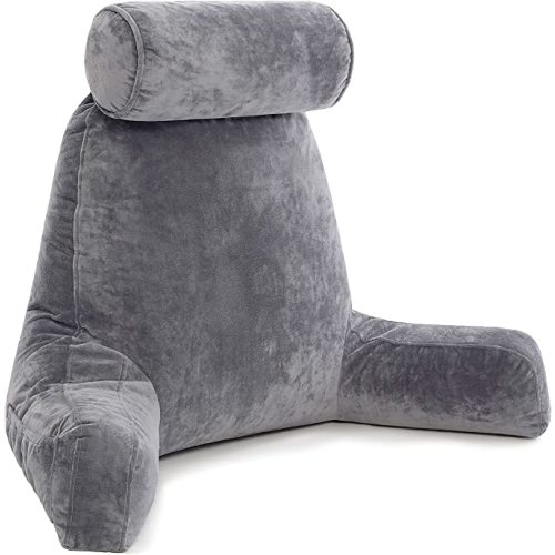 Husband Pillow XXL Reading Pillow for Bed Backrest with Arms - Dark Grey Adult - Unmatched Support Pillow for Sitting Up in Bed - Shredded Memory Foam Comfy Microplush Cover & Detachable Neck Roll