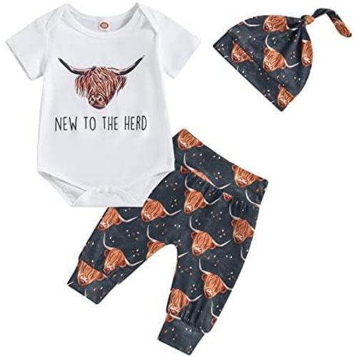 SAYOO Western Newborn Baby Boys Cowboy Outfit Cow Print Letter Bodysuit Long Leggings Cap 3pcs Infant Boy Country Clothes