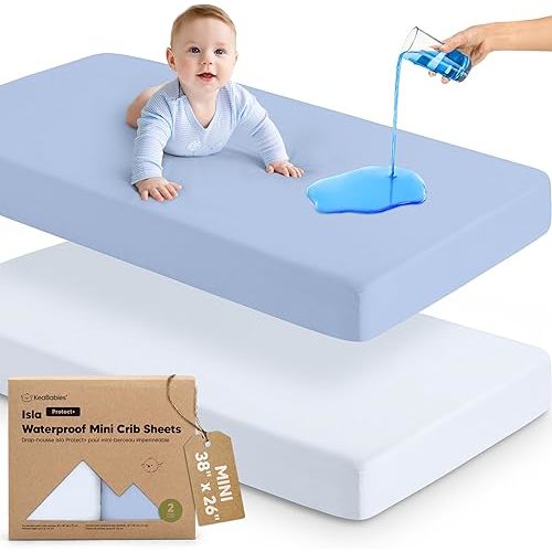 2-Pack Waterproof Pack and Play Sheets, Mini Crib Sheets Fitted for Boy, Girl - 38 x 26 Viscose from Bamboo Pack N Play Mattress Sheets for Graco, Toddler Playard Baby Crib Sheets Neutral (Blue Flax)