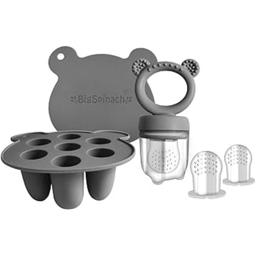 Silicone Breast Milk Popsicle Mold & Fresh Food Teether Feeder - Self Feeding Baby Frozen Breast Milk Teether with Forage Feeder and Ice Cube Tray (Dark gray)