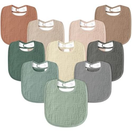 Susurration Muslin Baby Drool Bibs 10Pack Soft Square Adjustable Bandana Bibs for Unisex Newborn Baby Girls&Boys
