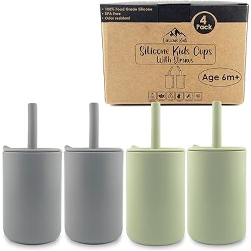Silicone Toddler Smoothie Cups with Straw, Unbreakable Training Cup with Straw for Babies and Toddlers for less mess, BPA-Free Silicone Baby cup, 6+ Month, 6oz, 4 pack Green/Grey