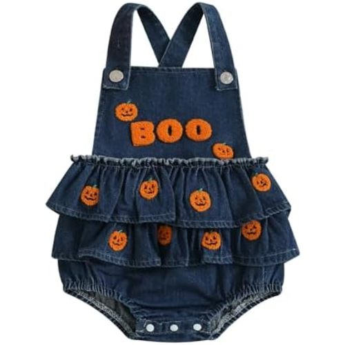 Baby Girl Halloween Outfit Newborn Infant Pumpkin Ghost Romper Ruffled Denim Overalls Jumpsuit Cute Halloween Clothes