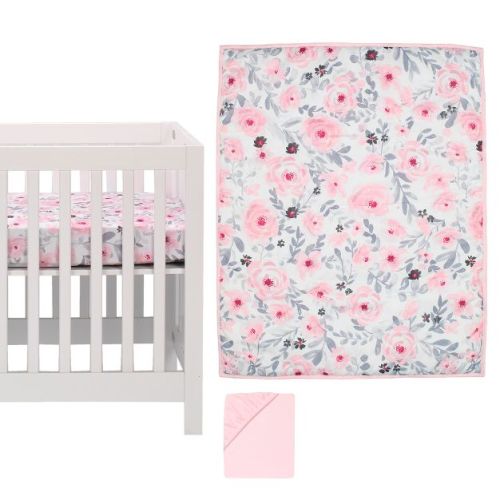 Bedtime Originals Blossom Pink Watercolor Floral 3-Piece Mini Crib Bedding Set