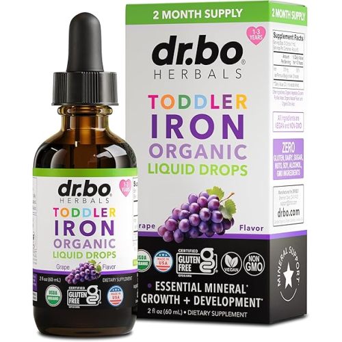 Iron Supplement for Toddlers & Kids - Organic Liquid Iron Drops for Kids, Toddler, Baby, Infant, Toddlers Supplements Ages 1-3 - Organic Vegan Toddler Liquid Drops Supplement, Gluten Free, Non-GMO 2oz