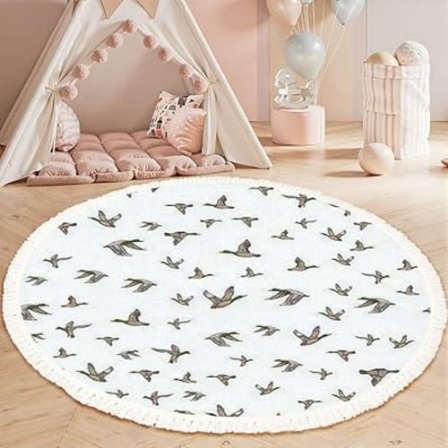 Round Rugs Mallard Duck Sketch Wild Bird Seamless Boho Area Rug Linen and Cotton Carpet Meditation Rug Washable Hallway Runner Mat Accent Rugs for Bedroom Nursery 4ft