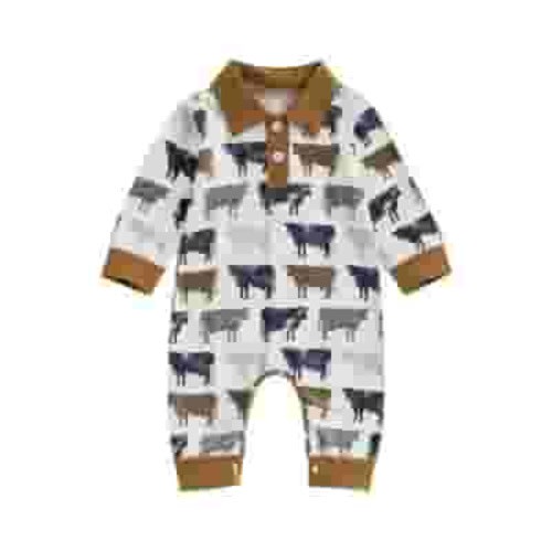 Cute Western Baby Boy Summer Clothes 3M 6M 9M 12M 18M Highland Cow Print Polo Romper Shorts Jumpsuit Cowboy Country Clothing