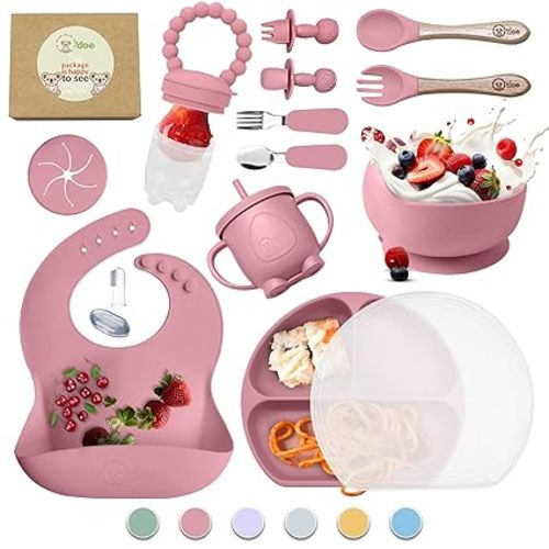 O'doe 17-Piece BPA-Free Silicone Baby Feeding Set | Thick & Soft Suction Plates, Baby Bowls, Wooden Fork & Spoon, and More | Make Mealtime Fun and Easy for Your Little One | Pink, V2