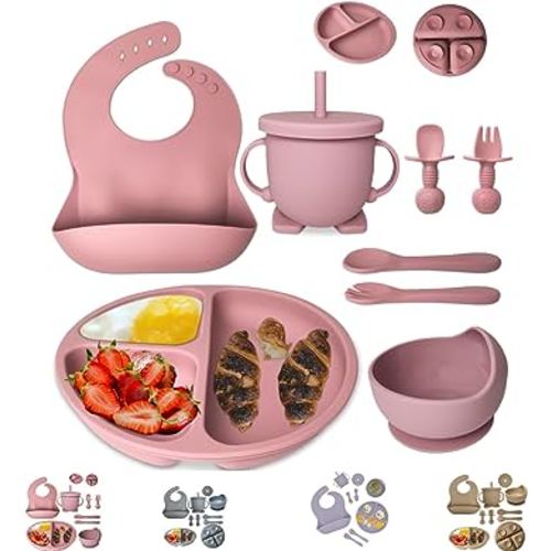 mutualproducts - Baby Feeding Supplies 8-Piece | Baby Led Weaning Utensils Set Includes Suction Bowl and Plate, Spoon and Fork, Sippy Cup with Straw and Lid (Peach Pink)