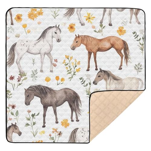 Cute Horse White Cute Foldable Baby Play Mat for Indoor Outdoor Comfortable Tummy Time Mat for Babies Infants Toddlers, 50'' x 50''