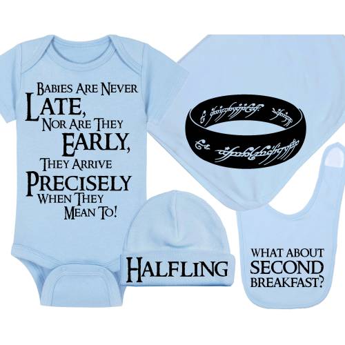 LOTR Baby Onesie® / Hat / Blanket / Bib Package Combinations - A Baby Is Never Late / Halfling / One Ring / Second Breakfast