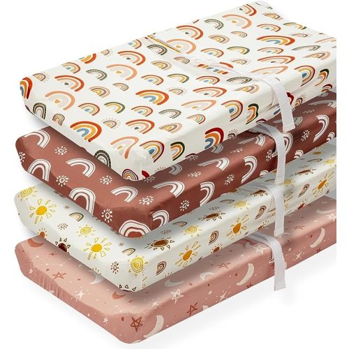 4 Pack Boho Nursery Sheets - Sunshine and Rainbow Design, Neutral Unisex Fitted Baby Changing Pad Cover Sheets for Baby Boys or Girls
