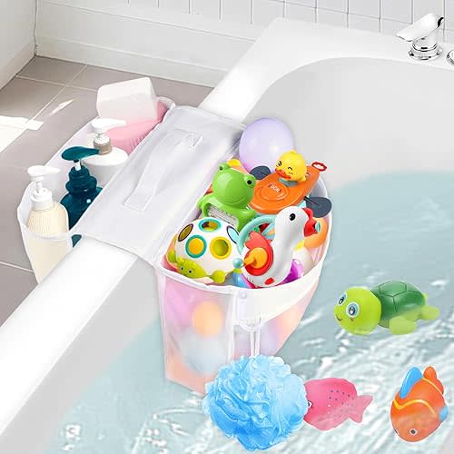 Baby Bath Toys Storage,Saddle Shape 2 Compartments Mesh Bath Toy Organizer,Quick Access Bath Toy Holder For Bathtub,Quick Dry Baby Bath Toy Storage For Tub,Mesh Shower Caddy
