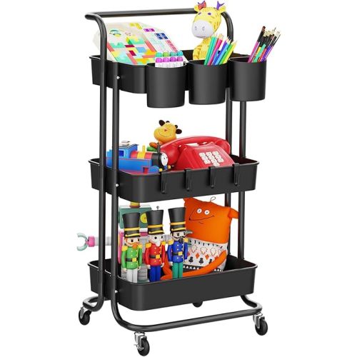 3-Tier Rolling Mobile Utility Cart with Hanging Cups & Hooks & Handle Multifunctional Organizer Storage Trolley Service Cart with Wheels Easy Assembly for Office, Bathroom, Kitchen (Black)