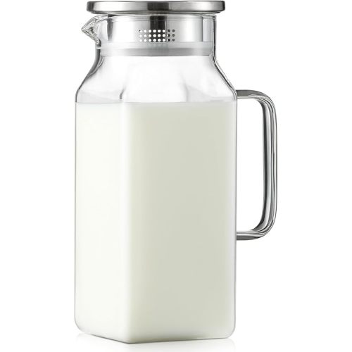 40 oz,1.2Liter Square Glass Pitcher with Lid and Spout, Breast Milk Pitcher with Handle for Fridge, Borosilicate Glass Carafe for Hot/Cold Drink, Small Jug for Iced Tea, Coffee,Water Storage Container