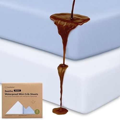 2 Pack and Play Sheets, Waterproof Mini Crib Sheets Fitted - 38x26 Organic Cotton Pack N Play Sheets for Graco Pack and Play Mattress, Playard Baby Crib Sheets,Neutral for Boy,Girl,Toddler(Blue Flax)