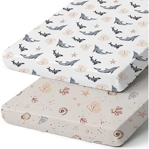 Pack n Play Sheets, BROLEX 2 Pack Mini Crib Sheets,Stretchy Portable Fitted Playard Sheet Set, Convertible Playard Mattress Cover,Ultra Soft Breathable Material, Dolphins Shells