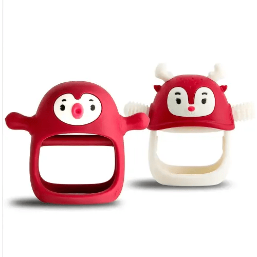 Baby Christmas Stocking Stuffers-Smily Mia Penguin Buddy and Reindeer 2 in 1 Christmas Gift/Toy Set for 0-12 Months Teething Babies, Teeting Mittens For Babies, Infant Christmas Gift Box-Christmas Red