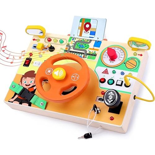 Busy Board,Montessori Toys for 1-3 Years Old, Wooden Toddler Toy, Autism Sensory Travel Toys, Ideal Gift for 1+ Year Old Boys (Busy Board v6)