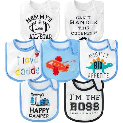 7Pcs Cotton Waterproof Baby Bibs Hook Loop Closure Newborn Bib Keepsake Baby Gift for Drooling Feeding Eating