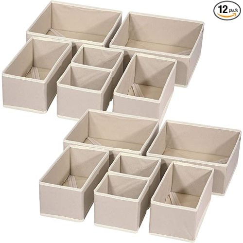 DIOMMELL 12 Pack Foldable Cloth Storage Box Closet Dresser Drawer Organizer Fabric Baskets Bins Containers Divider for Clothes Underwear Bras Socks Lingerie Clothing, Beige 444