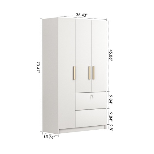 Free Shipping! Nathaniel Home 3 Door Wardrobe with Drawers, Freestanding Bedroom Armoires, Clothes Storage Cabinet with Hanging Rod, Modern Wardrobe Closet, White
