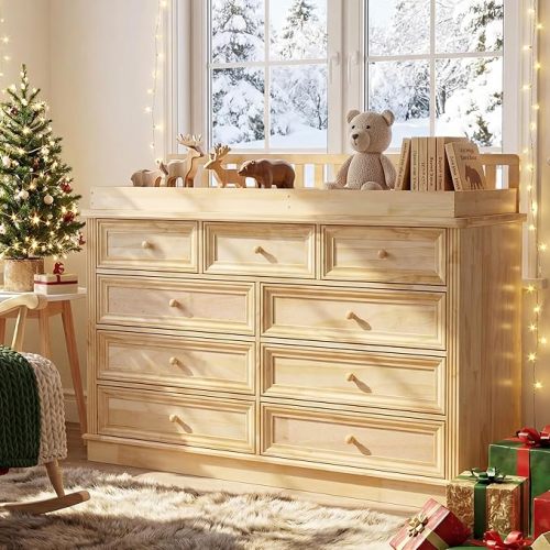 Homsee Baby Changing Table Dresser, 100% Solid Wood Infant Diaper Changing Station Combo, 9-Drawer Baby Nursery Dresser with Removable Tray for Children's Room Bedroom, Nature Color 55.1"W