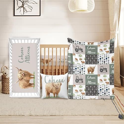 Personalized Crib Bedding Set for Boys, Highland Cow Baby Bedding Sets with Custom Name - Plush Blanket Fitted Sheet Pillowcase for Newborn Nursery Gift