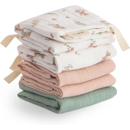 mushie Muslin Organic Cotton Washcloths 5-Pack (Pink Flowers Combo) | Soft Wipes for Baby Cleanups and Bathing