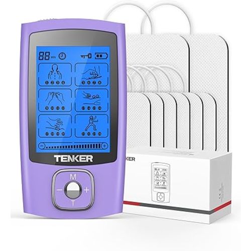 TENKER TENS Unit Muscle Stimulator, 24 Modes TENS EMS Machine for Pain Relief Therapy/Pain Management, Rechargeable Electronic Pulse Massager with 2"x2" and 2"x4" TENS Unit Electrode Pads