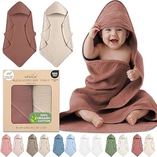 100% Organic Cotton Muslin Hooded Baby Towels 2 Pack 81 X 81 CM Baby Bath Towel Soft Breathable Lightweight Quick Dry Gentle On Baby Skin for Newborns and Infants