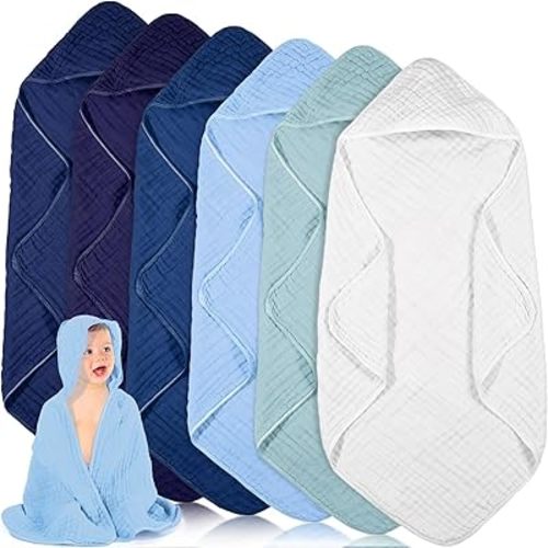 Peryiter 6 Pcs Muslin Hooded Baby Towels,32"x 32" Cotton Newborn Bath Towel Muslin Infant Baby Blankets Absorbent Unisex Newborn Registry Gift for Girls Boys (Blue)