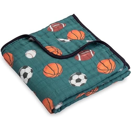 LollyBanks Muslin Baby Blanket 100% Organic Cotton, Muslin Quilt Lightweight, 6 Layers Baby Blankets 47"x 47", Muslin Blanket for Boys, Nursery Receiving Blankets (Sports, Balls Print)