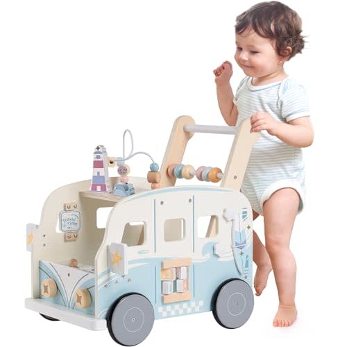 ROBOTIME Wooden Baby Walker, Baby Push Walker, Baby Activity Center Toys, Ajustable Speed Multi-Functional Baby Walker with Wheels for Boys and Girls(Vacaction Bus)
