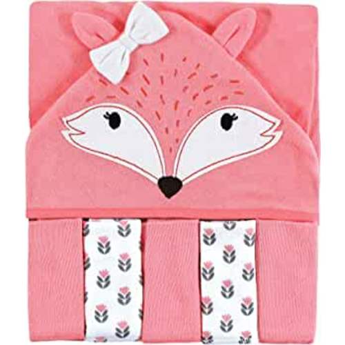 Hudson Baby Unisex Baby Hooded Towel and Five Washcloths, Girl Fox, One Size