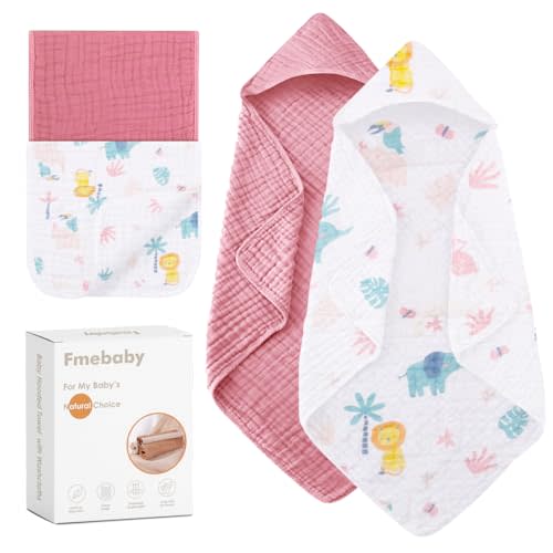 Fmebaby Muslin Bath Towel for Toddler 4 Pcs, 36x36 Inch 100% Muslin Cotton Baby Hooded Bath Towel and Washcloths for Babies, Infant and Kids, Soft and Absorbent Newborn Essential(Pink and Elephant)