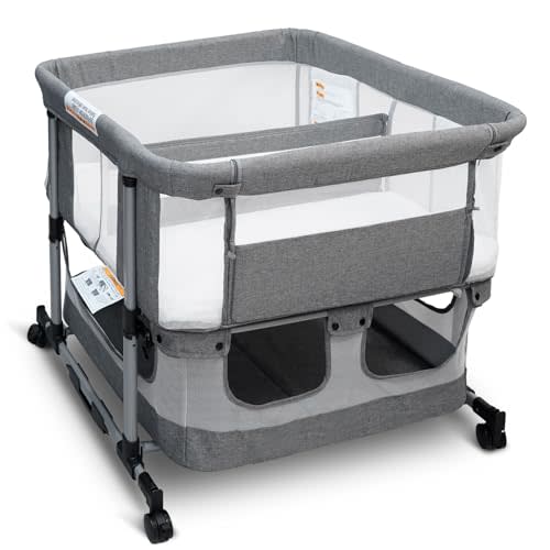 Cheermomo Twin Bassinet for 2 Babies, Double Bassinet for Twins, Rocking Bassinet with Wheels and Storage Basket, Full-Mesh Sides, 5-Height Adjustable, Portable and Stable Baby Crib (Standard Grey)