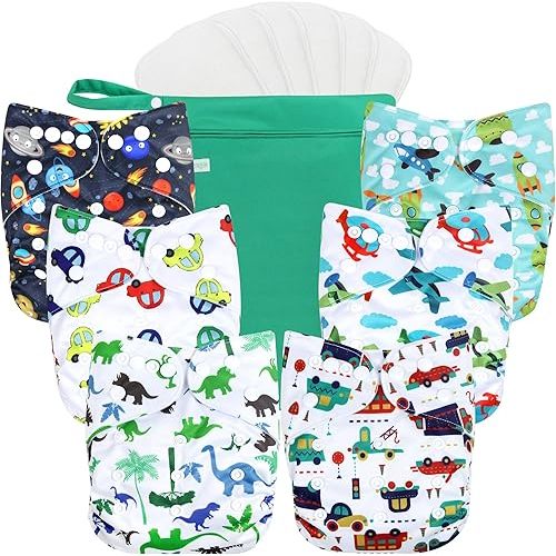 wegreeco Cloth Diapers 6 Pack with 6 Inserts & 1 Wet Bag, Washable Cloth Diapers for Babies, One Size Adjustable Reusable Diapers Baby (Car, Airplane)