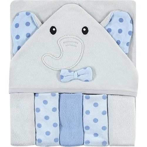 Hudson Baby Unisex Baby Hooded Towel and Five Washcloths, Blue Dots Gray Elephant, One Size